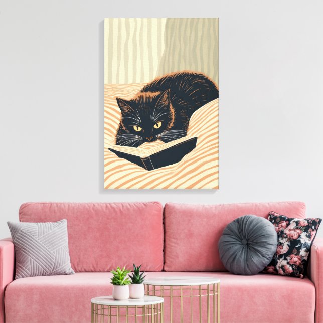 cat reading in bed canvas print (Insitu(LivingRoom))