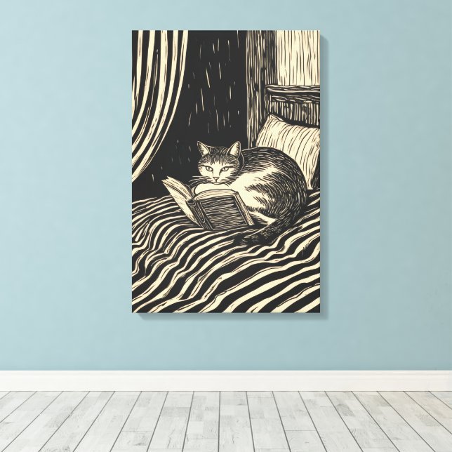 cat reading in bed canvas print (Insitu(Wood Floor))