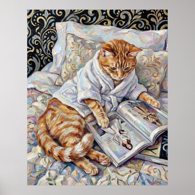 Cat Reading In Bed Cute Wall Art Poster Print (Front)