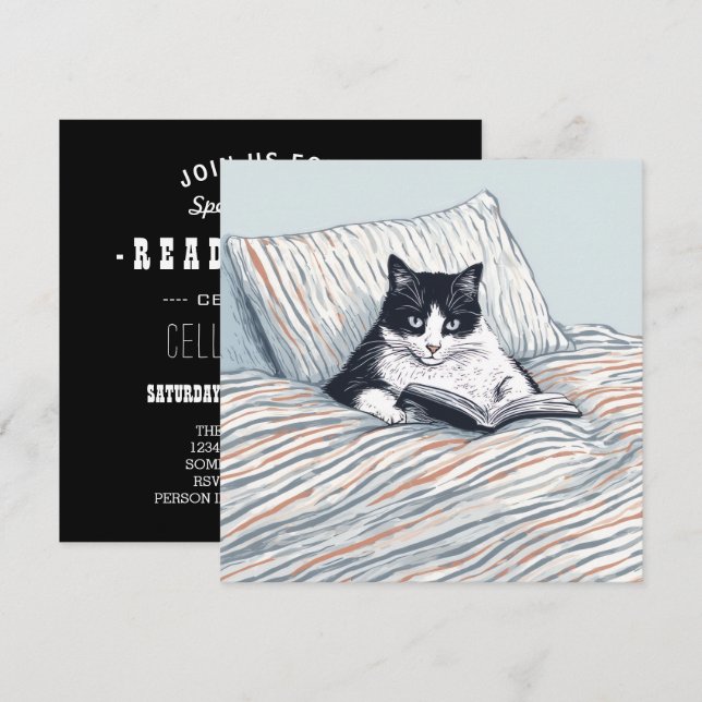 cat reading in bed invitation (Front/Back)