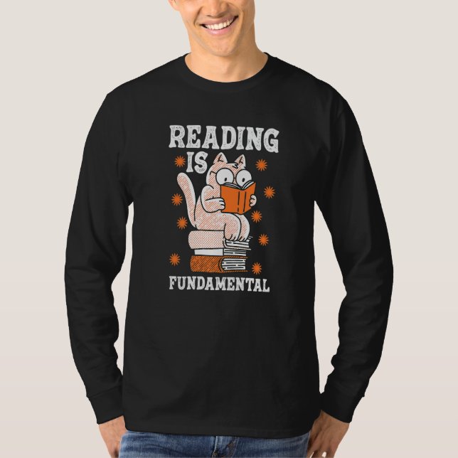 Cat Reading Is Fundamental Geeky Bookworm Poetry L T-Shirt (Front)