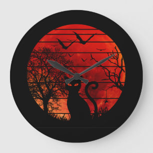 CAT RED MOON NIGHT BLACK CATS LOVER LARGE CLOCK