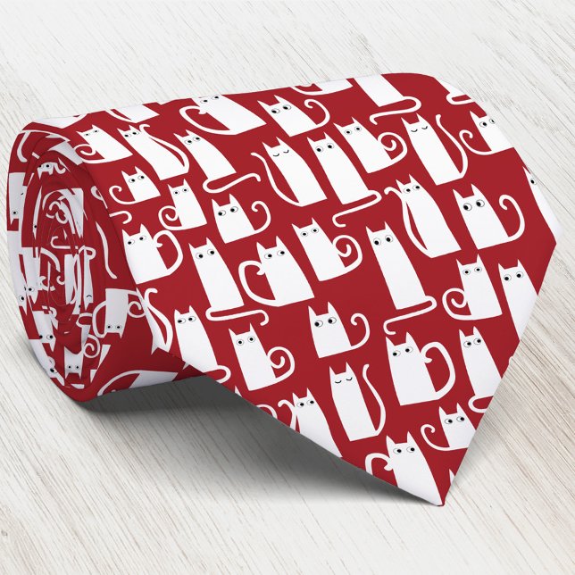 Cat Red White Tie (White cats on a red background fun animal pattern art neck tie)