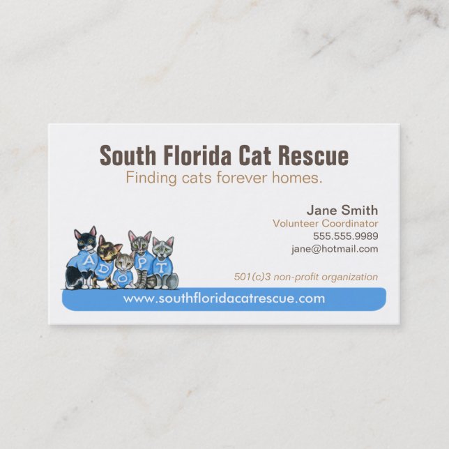 Cat Rescue Non Profit Blue Tagline Business Card (Front)