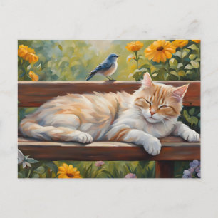 Cat Resting on the Bench in Summer Garden  Postcard