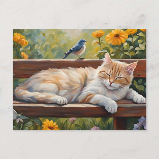 Cat Resting on the Bench in Summer Garden  Postcard (Front)