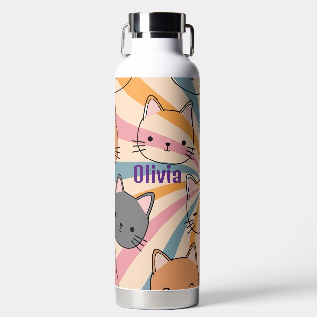 Cat Retro Colourful Minimalist Modern Personalised Water Bottle (Front)