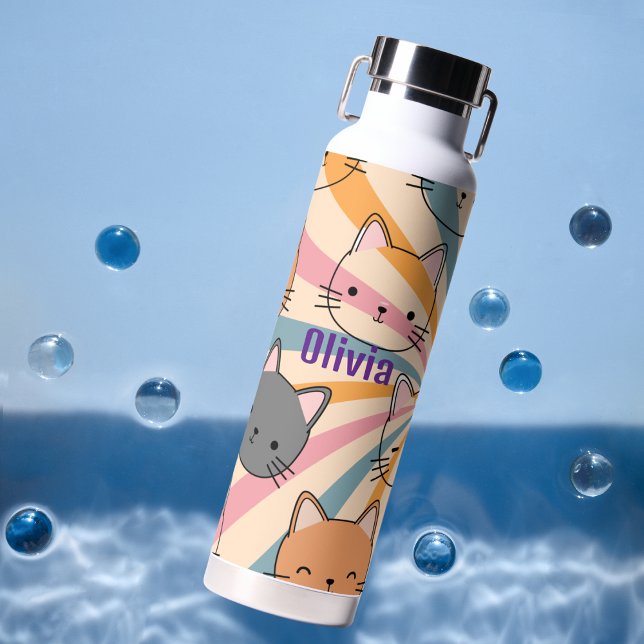 Cat Retro Colourful Minimalist Modern Personalised Water Bottle (Creator Uploaded)