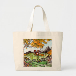 Cat Rides a Dinosaur Large Tote Bag