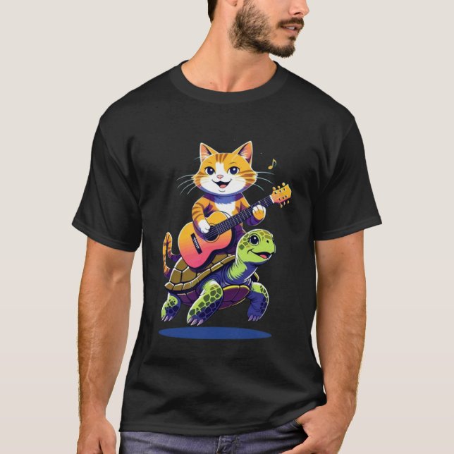 Cat Riding a Turtle Playing Guitar T-Shirt (Front)