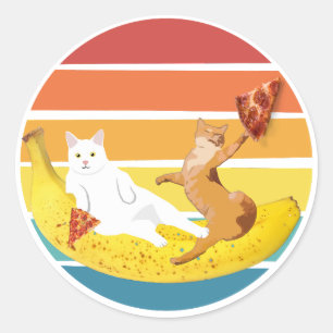Cat riding banana and holding pizza retro classic round sticker