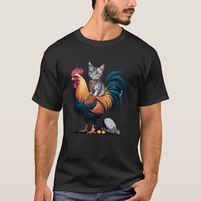 Cat Riding Chicken Funny Grey Tabby Samurai Pet Ar T-Shirt (Front)