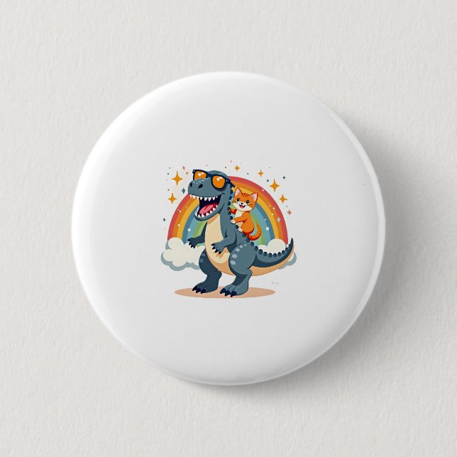 Cat Riding Dinosaur T-Rex Kitten Rainbow Dino Funn 6 Cm Round Badge (Front)