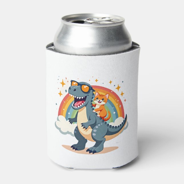 Cat Riding Dinosaur T-Rex Kitten Rainbow Dino Funn Can Cooler (Can Front)