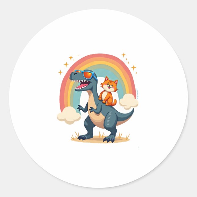 Cat Riding Dinosaur T-Rex Kitten Rainbow Dino Funn Classic Round Sticker (Front)
