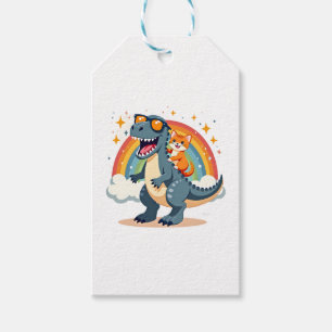 Cat Riding Dinosaur T-Rex Kitten Rainbow Dino Funn Gift Tags