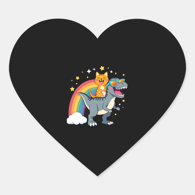 Cat Riding Dinosaur T-Rex Kitten Rainbow Dino Funn Heart Sticker (Front)