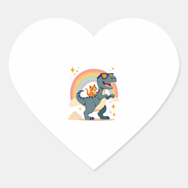 Cat Riding Dinosaur T-Rex Kitten Rainbow Dino Funn Heart Sticker (Front)