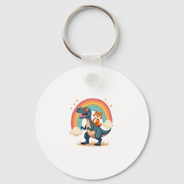 Cat Riding Dinosaur T-Rex Kitten Rainbow Dino Funn Key Ring (Front)