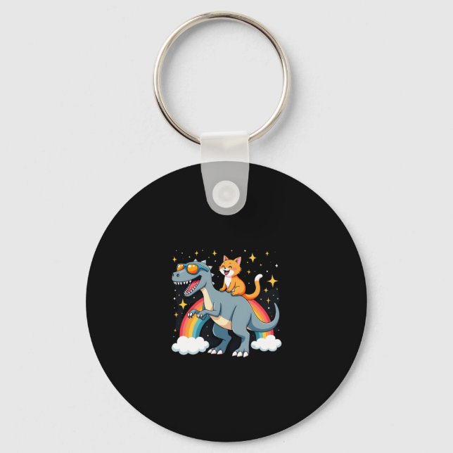 Cat Riding Dinosaur T-Rex Kitten Rainbow Dino Funn Key Ring (Front)
