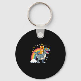 Cat Riding Dinosaur T-Rex Kitten Rainbow Dino Funn Key Ring