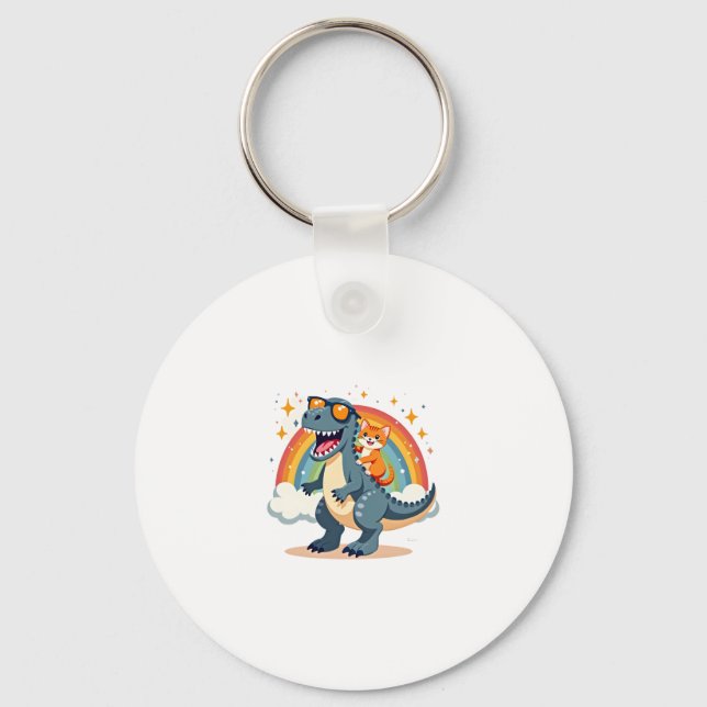 Cat Riding Dinosaur T-Rex Kitten Rainbow Dino Funn Key Ring (Front)