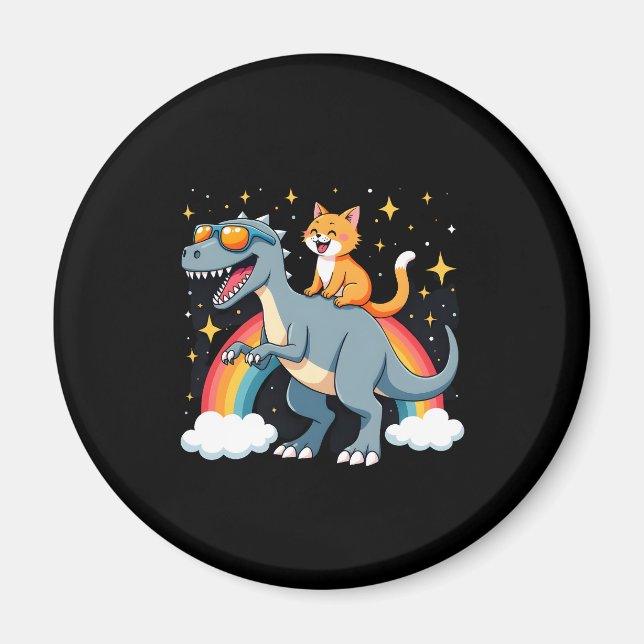 Cat Riding Dinosaur T-Rex Kitten Rainbow Dino Funn Magnet (Front)