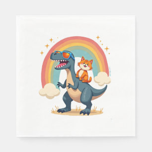 Cat Riding Dinosaur T-Rex Kitten Rainbow Dino Funn Napkin