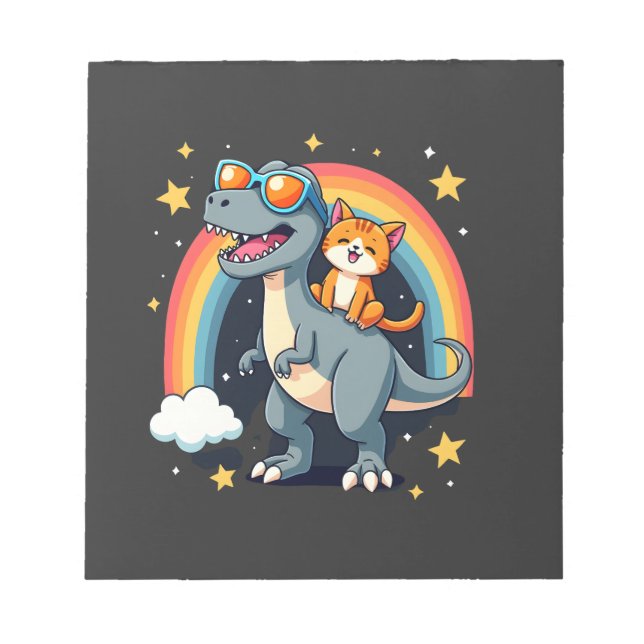 Cat Riding Dinosaur T-Rex Kitten Rainbow Dino Funn Notepad (Front)