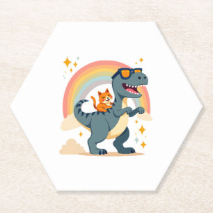 Cat Riding Dinosaur T-Rex Kitten Rainbow Dino Funn Paper Coaster