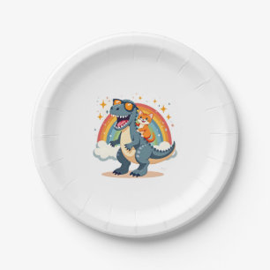 Cat Riding Dinosaur T-Rex Kitten Rainbow Dino Funn Paper Plate