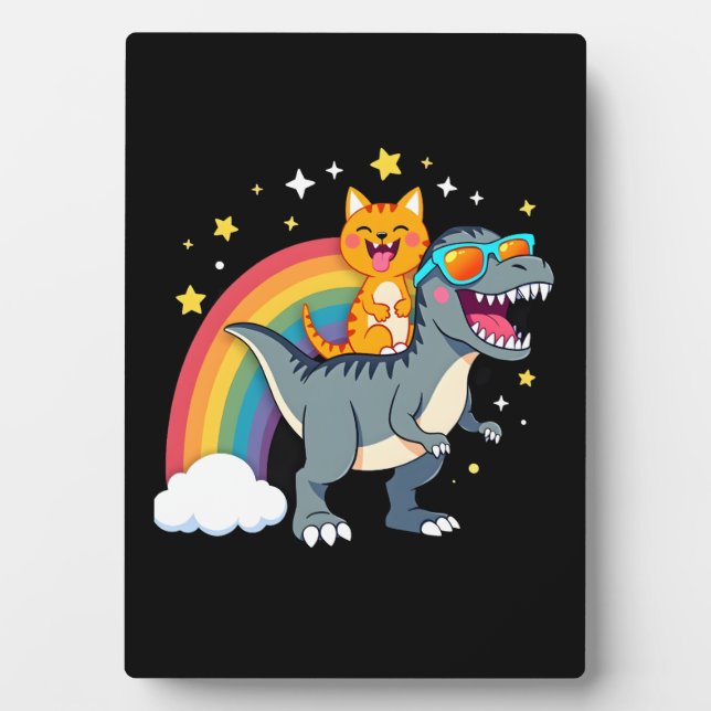 Cat Riding Dinosaur T-Rex Kitten Rainbow Dino Funn Plaque (Front)