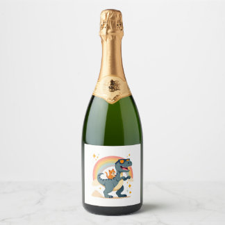 Cat Riding Dinosaur T-Rex Kitten Rainbow Dino Funn Sparkling Wine Label