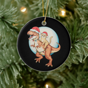 Cat Riding Dinosaur T Rex Moon Christmas Xmas Ceramic Tree Decoration