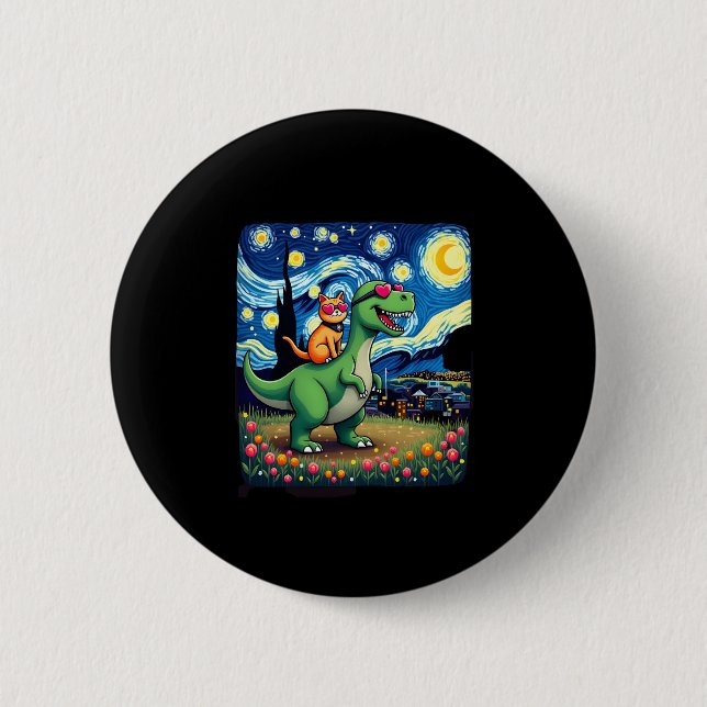 Cat Riding Dinosaur T-Rex Starry Night Cat Lover ( 6 Cm Round Badge (Front)