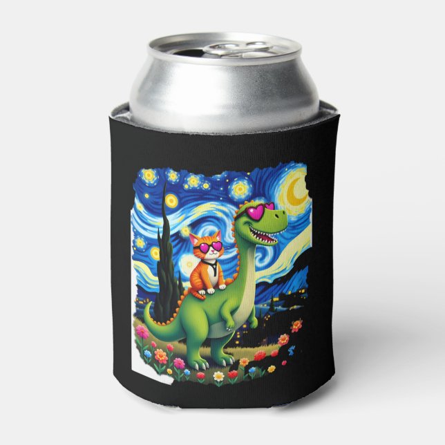 Cat Riding Dinosaur T-Rex Starry Night Cat Lover ( Can Cooler (Can Front)