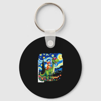 Cat Riding Dinosaur T-Rex Starry Night Cat Lover ( Key Ring