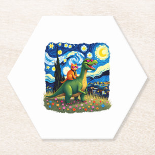 Cat Riding Dinosaur T-Rex Starry Night Cat Lover ( Paper Coaster