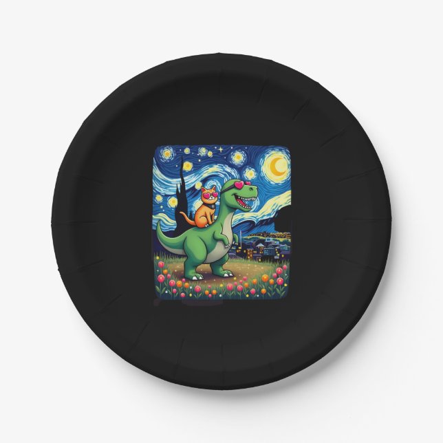 Cat Riding Dinosaur T-Rex Starry Night Cat Lover ( Paper Plate (Front)