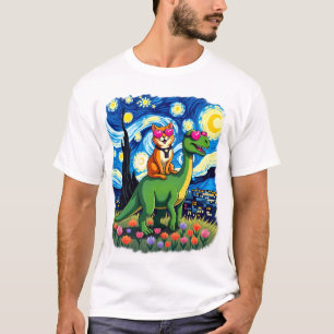 Cat Riding Dinosaur T-Rex Starry Night Cat Lover ( T-Shirt