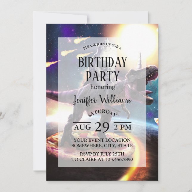Cat riding dinosaur unicorn in space               invitation (Front)