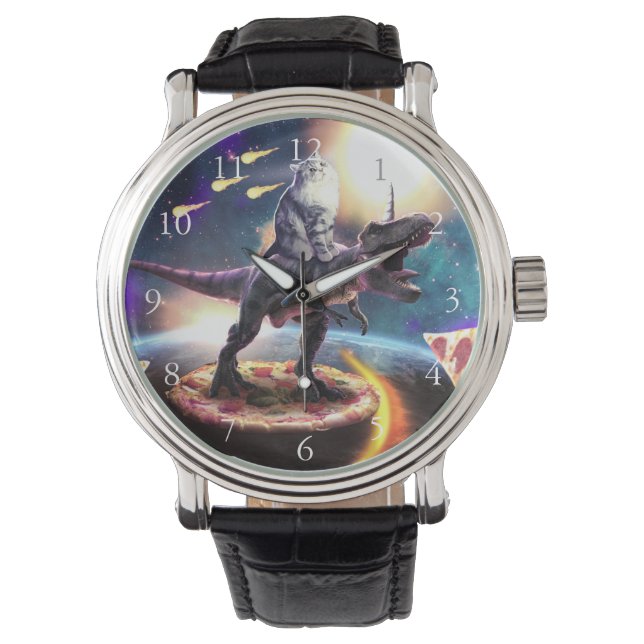 Cat riding dinosaur unicorn in space               watch (Front)