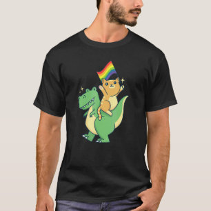 Cat Riding Dinosaur With Pride Flag Rainbow LGBTQ T-Shirt