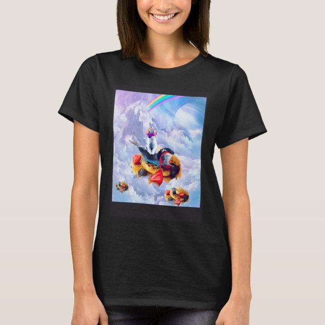 Cat Riding Dolphin On Clouds And Waffles T-Shirt (Front)