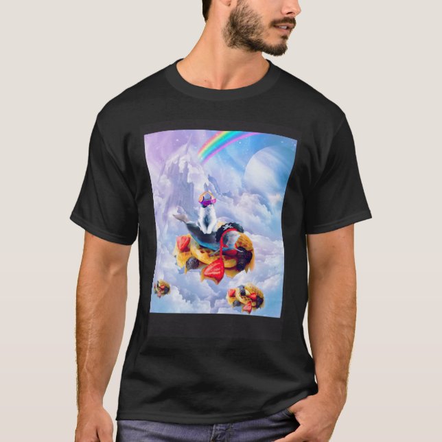 Cat Riding Dolphin On Clouds And Waffles T-Shirt (Front)