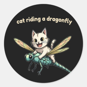 Cat Riding Dragonfly Cat Art Gift for Cat Lovers Classic Round Sticker