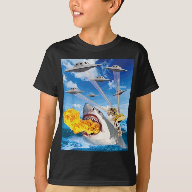Cat Riding Fire Breathing Shark Rainbow Laser Taco T-Shirt (Front)