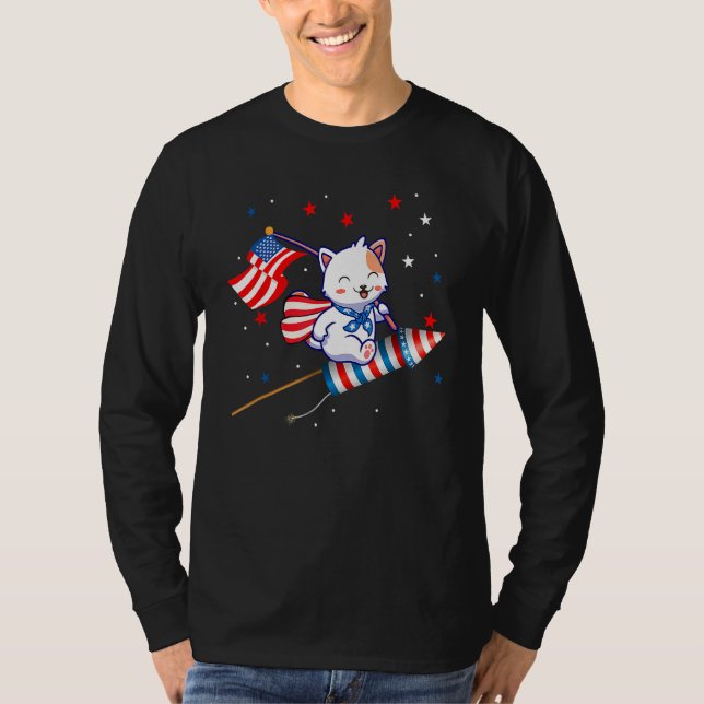 Cat Riding Fireworks  4th Of July Kids Boys Men T-Shirt (Front)