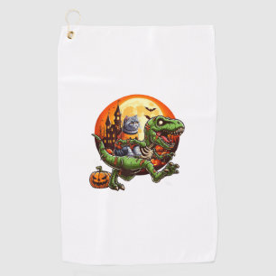 Cat Riding Horror T-rex As Zombie Halloween Kids T Golf Towel