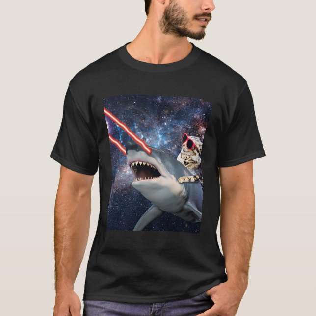 Cat Riding Laser Space Shark T-Shirt (Front)